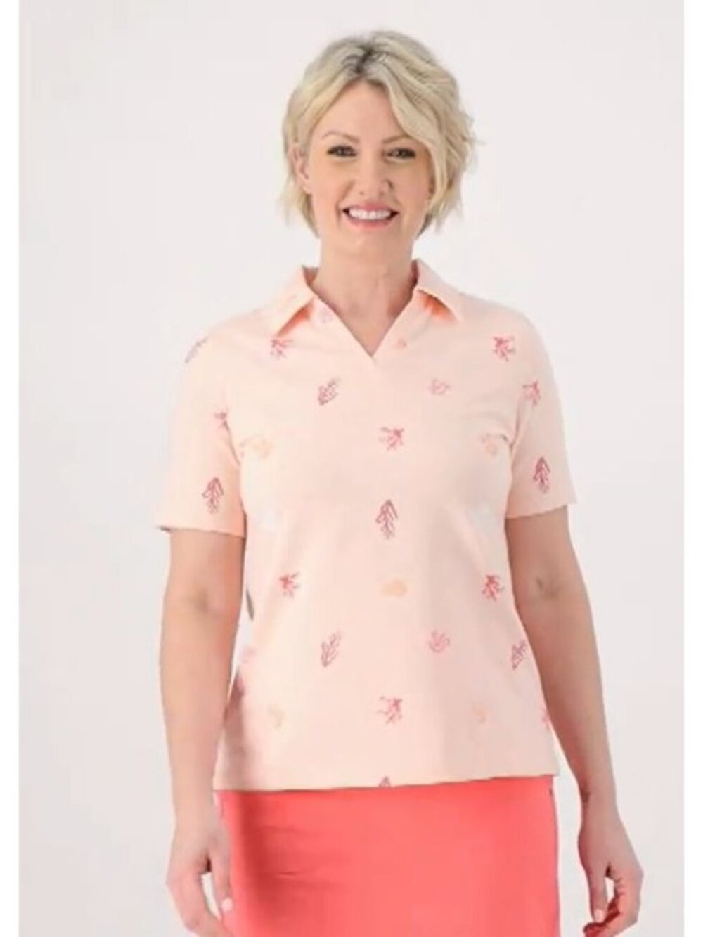 Sport Savvy Top XS French Terry V Neck Polo Collar Short Sleeve Pink Multi Golf